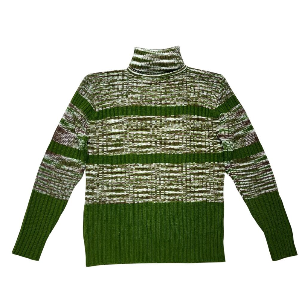 Vintage Expressions by Campus Sweater Medium Green Turtleneck Striped Korea Made